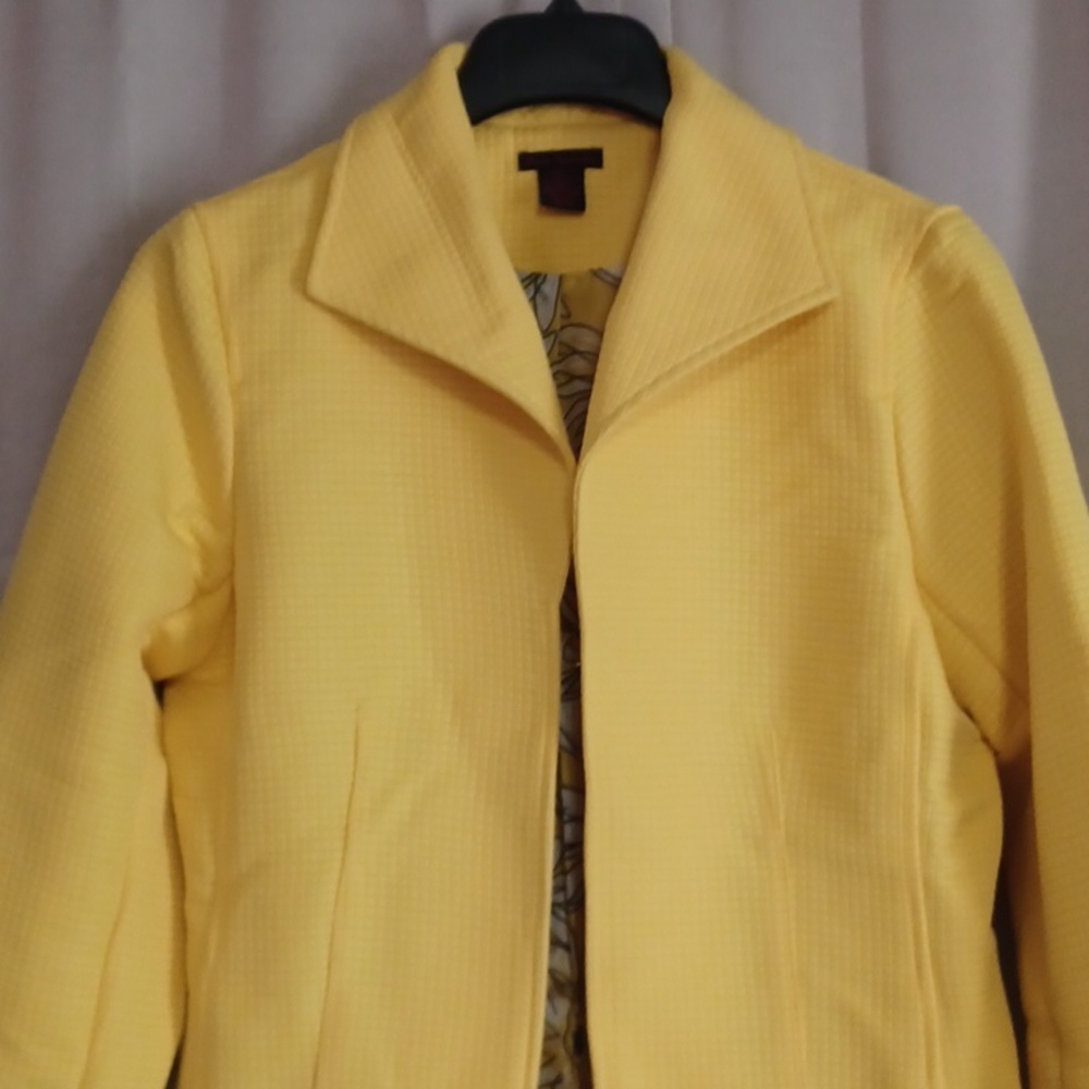 Sara Isabella Bright Yellow Square Textured Jacket Open Front Floral Lined Sz S - Picture 3 of 15